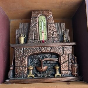 Vintage Chalkware Bronze Fireplace Thermometer Wall Art